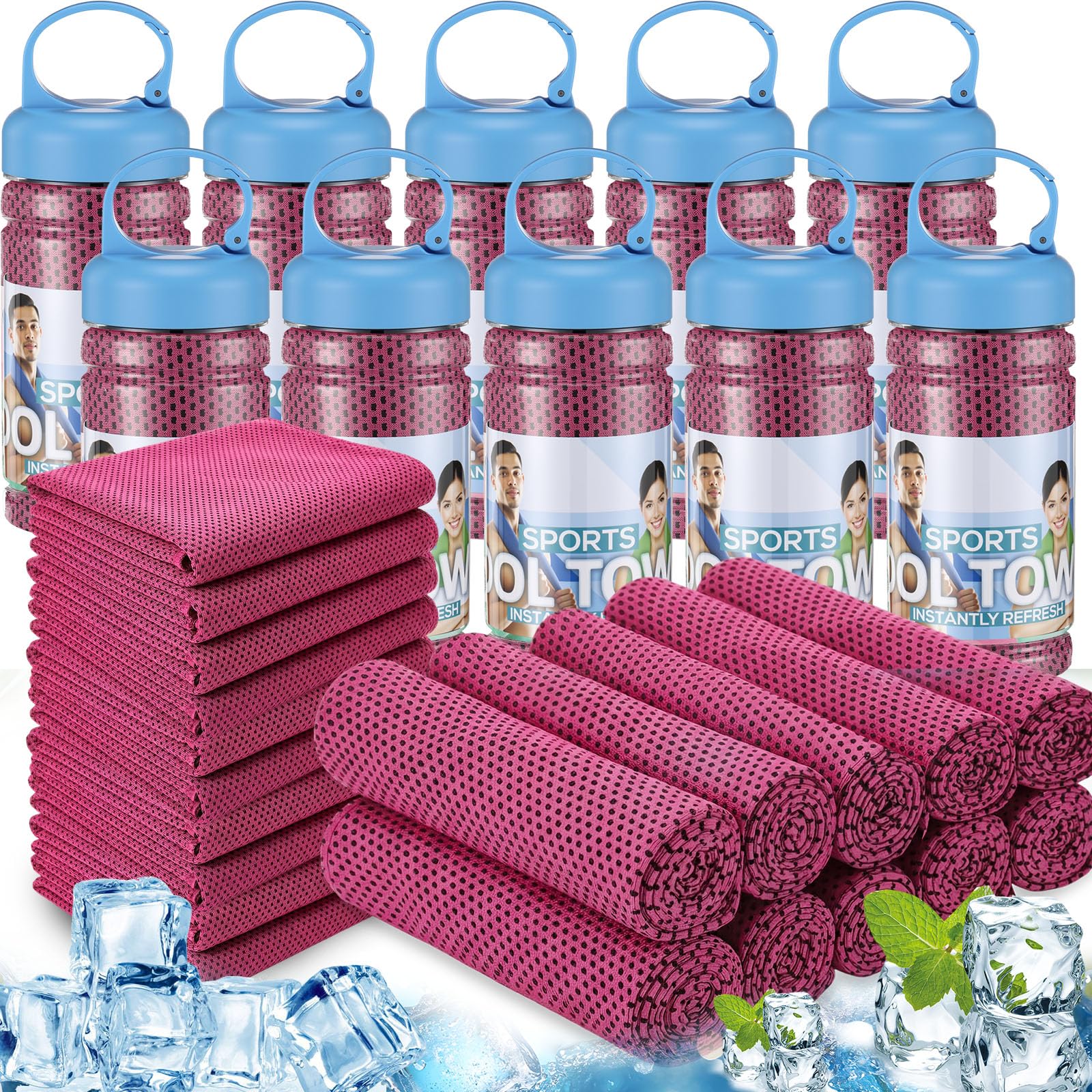 Honoson 10 Pcs Cooling Towels for Neck and Face, 47"x12" Sports Breathable Ice Towels Microfiber Chilly Sweat Rags with Portable Bottle for Gym Golf Athletes Yoga Workout Hot Weather (Mixed Colors)