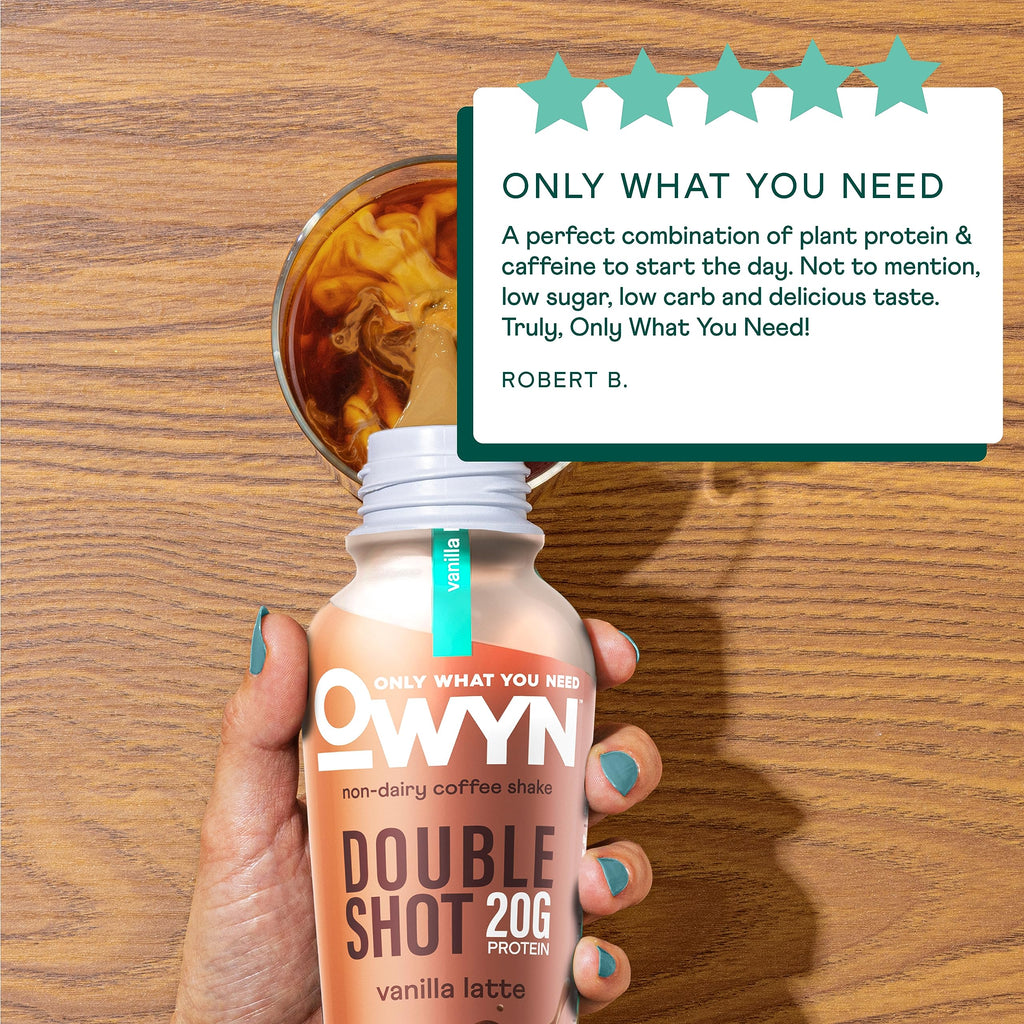 OWYN Only What You Need Double Shot Caramel Macchiato Flavored Protein Shake, 20g Protein, 0g Sugar, 3g Fiber, 180mg Caffeine, Dairy Free, Plant Based Protein Drink, 12 Count